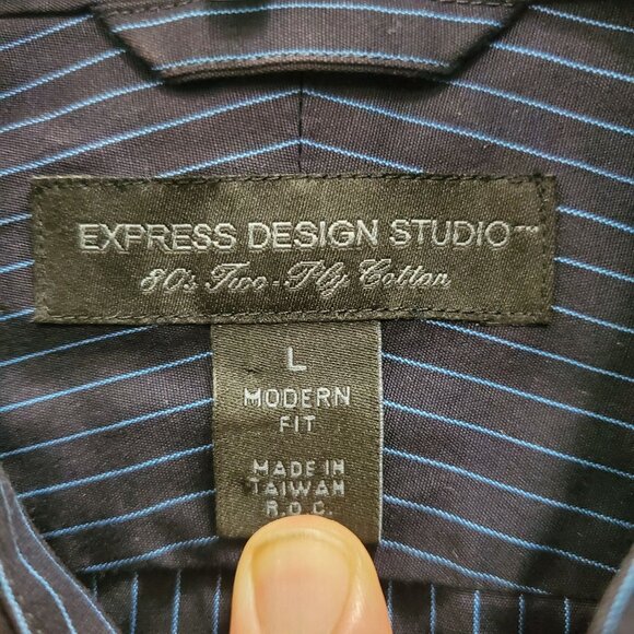 Express Design Studio 80s 2-Ply Cotton Modern Fit Navy Blue Stripe Dress Shirt L - Picture 5 of 7
